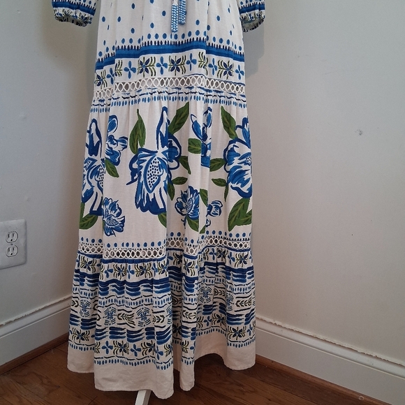 House Of Harlow Cream Blue And White Linen And Cotton Maxi Dress Size Small - Picture 5 of 11